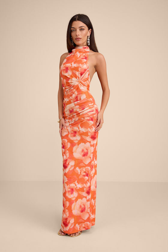 Frona Orange Floral Mesh Backless Maxi Dress