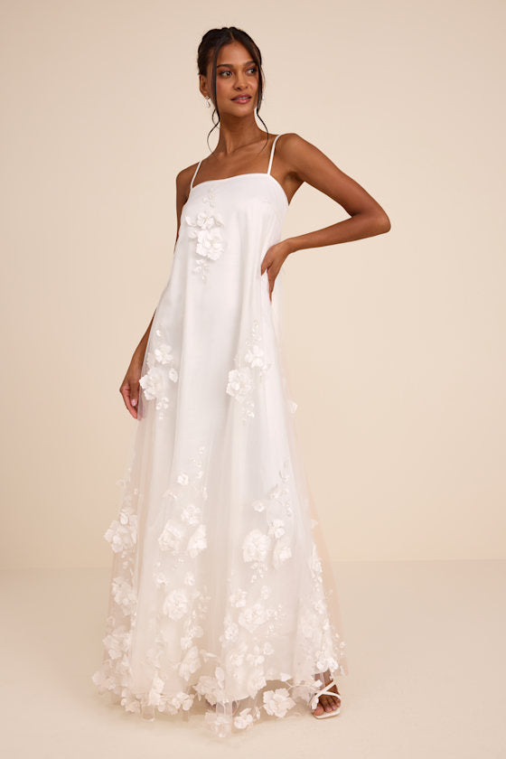 Allie White Floral Applique Shift Maxi Dress