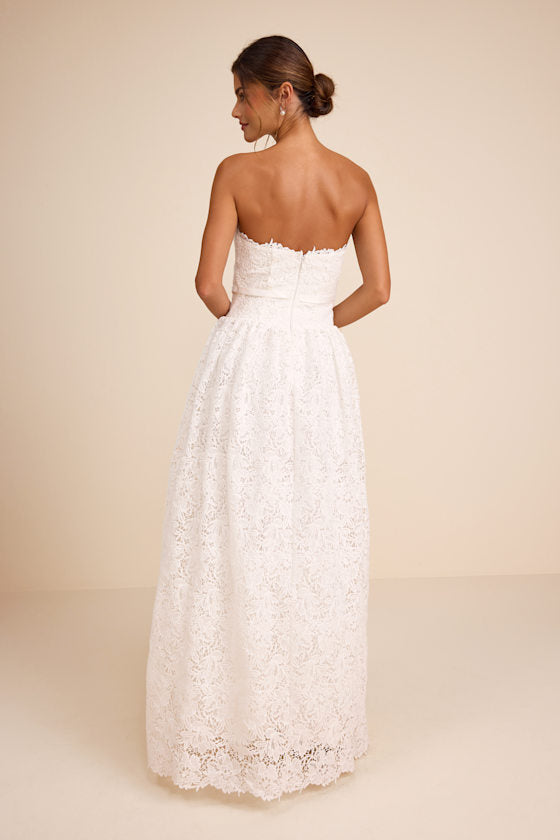 Gabby White Crochet Lace Strapless Maxi Dress