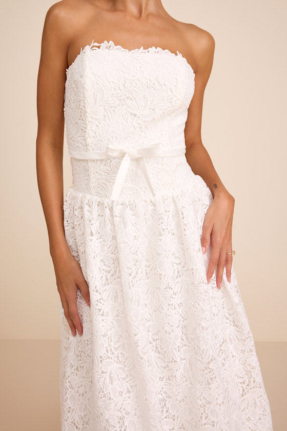 Gabby White Crochet Lace Strapless Maxi Dress