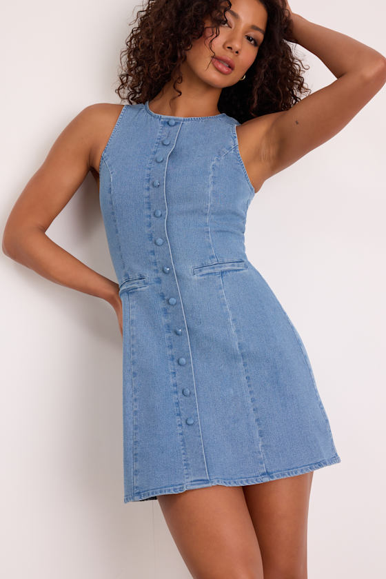 Mabyn Medium Wash Denim Button-Front Mini Dress