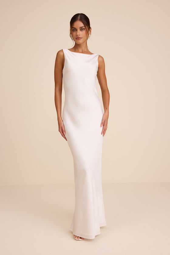 Libby White Satin Cowl Back Maxi Dress