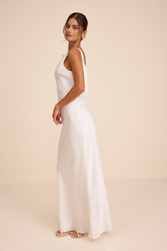Libby White Satin Cowl Back Maxi Dress