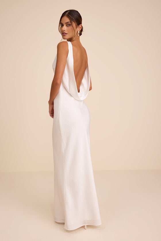 Libby White Satin Cowl Back Maxi Dress