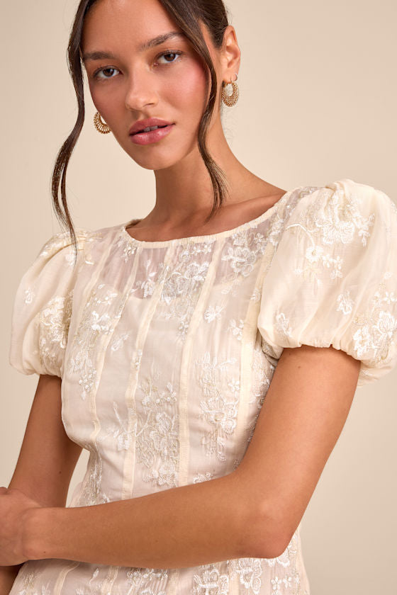 Elfrieda Cream Embroidered Puff Sleeve Mini Dress