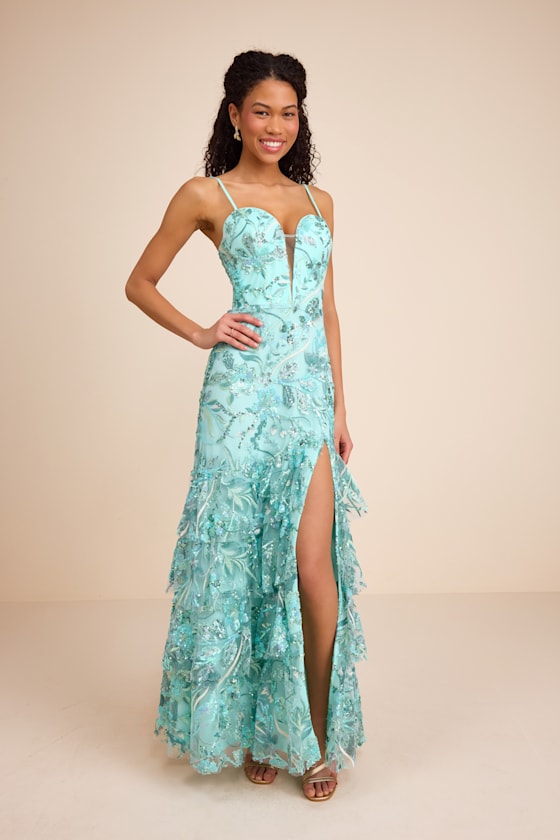 Angele Mint Blue Sequin Embroidered Tiered Maxi Dress