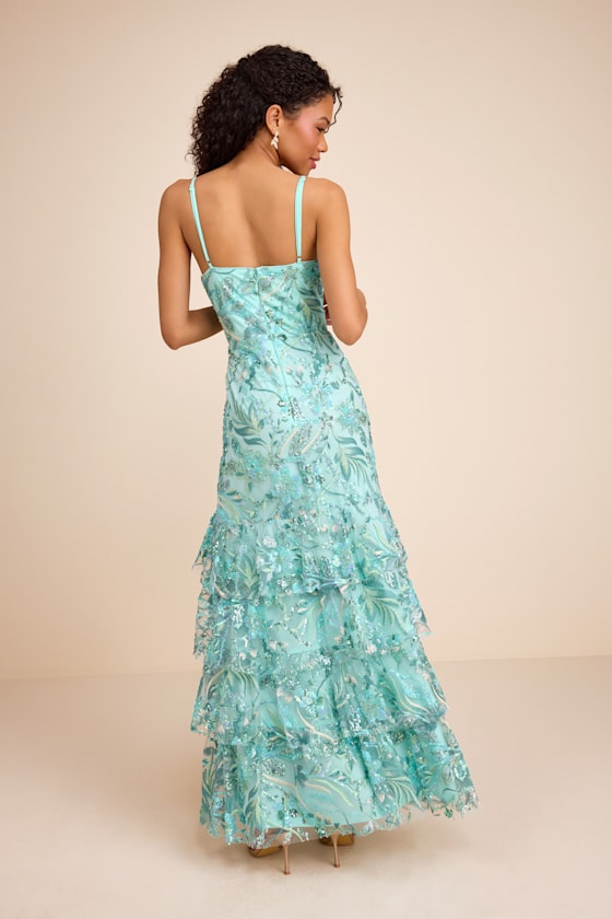 Angele Mint Blue Sequin Embroidered Tiered Maxi Dress