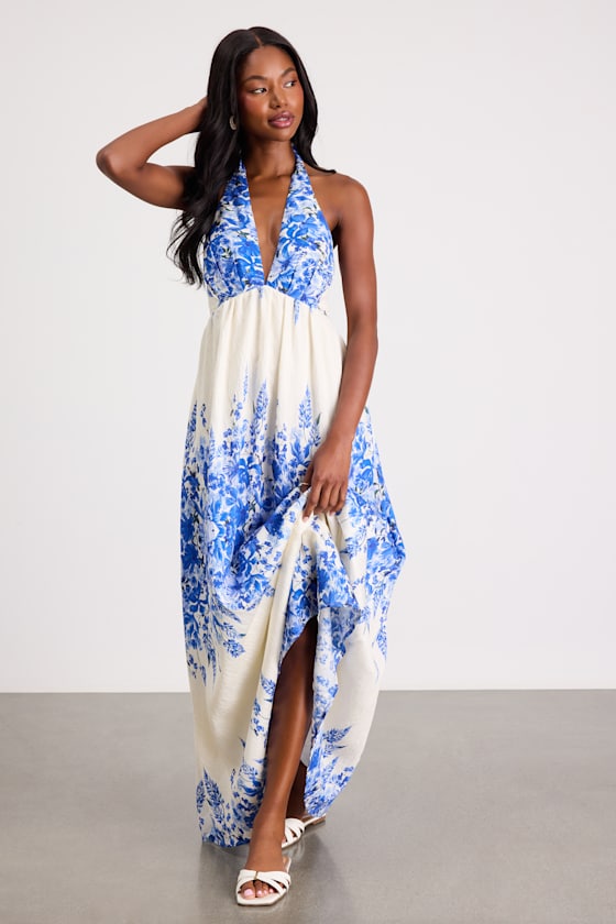 Leona Ivory and Blue Floral Halter Maxi Dress