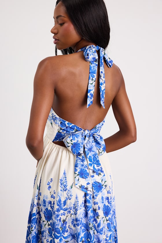 Leona Ivory and Blue Floral Halter Maxi Dress