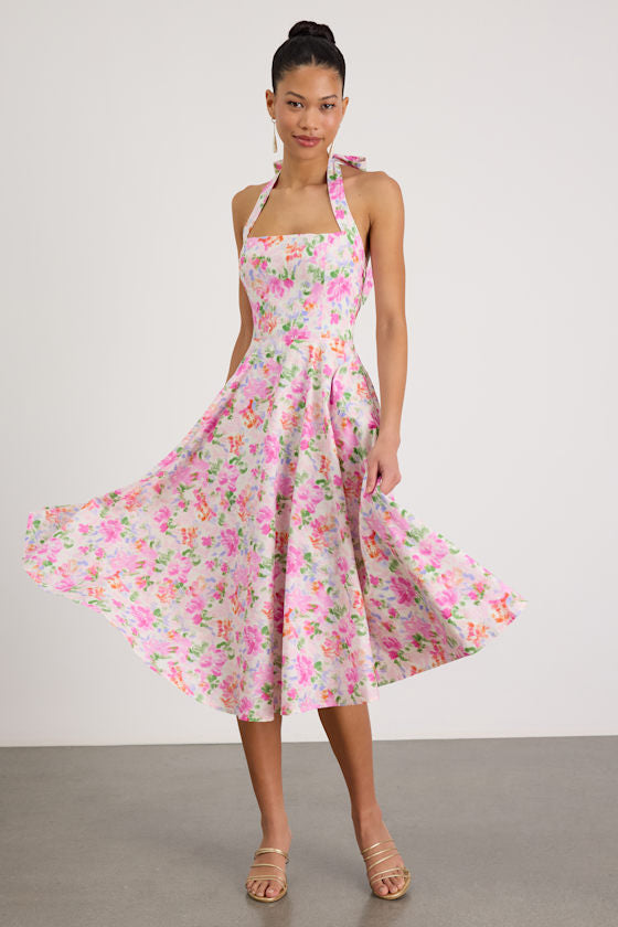 Amasha Ivory Multi Floral Halter Midi Dress