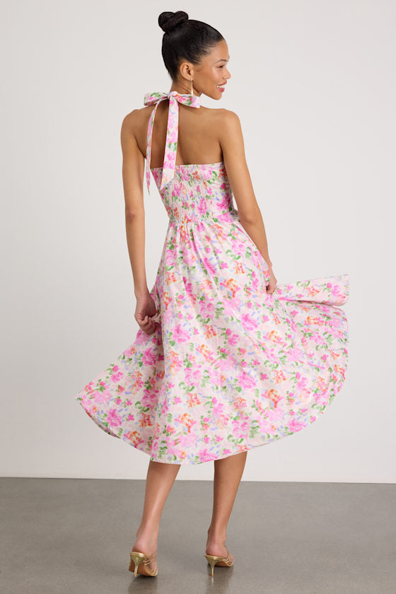 Amasha Ivory Multi Floral Halter Midi Dress