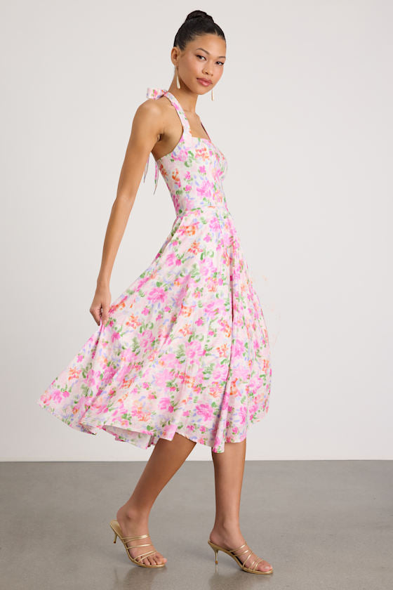 Amasha Ivory Multi Floral Halter Midi Dress