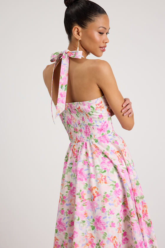 Amasha Ivory Multi Floral Halter Midi Dress