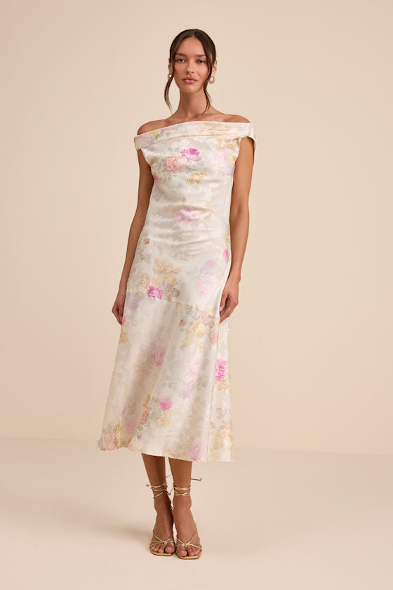 Elyse Ivory Floral Jacquard Satin Midi Dress