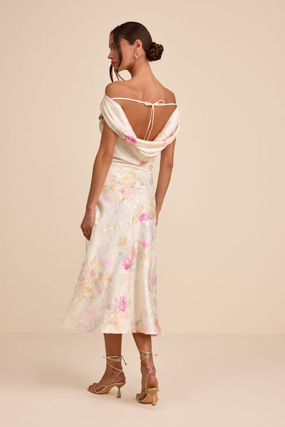 Elyse Ivory Floral Jacquard Satin Midi Dress