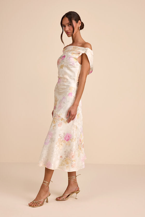 Elyse Ivory Floral Jacquard Satin Midi Dress