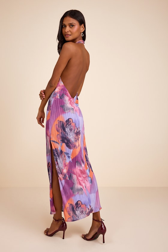 Luala Purple Multi Print Plisse Backless Maxi Dress