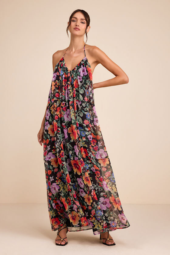Ardelia Black Multi Floral Backless Shift Maxi Dress