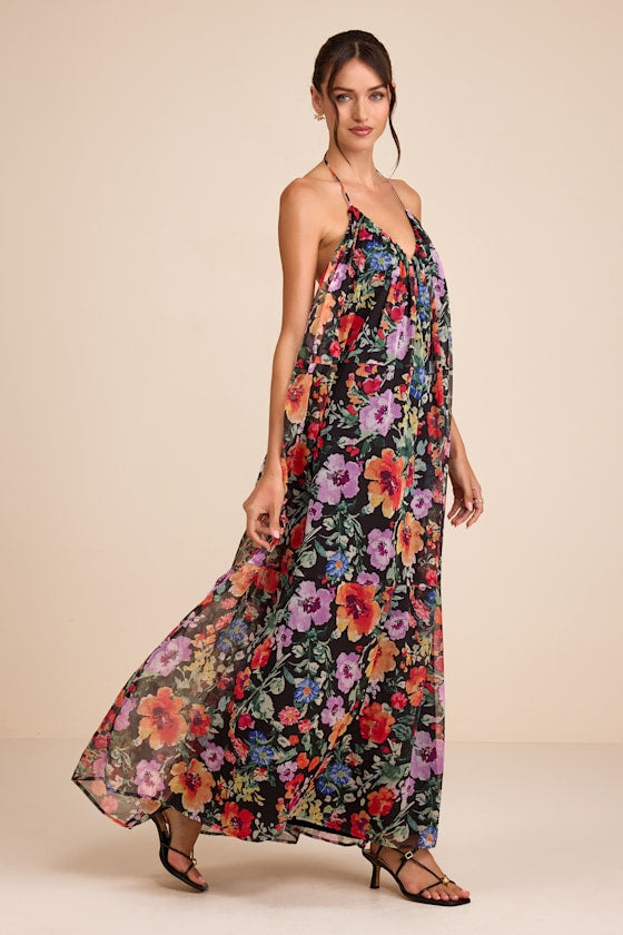 Ardelia Black Multi Floral Backless Shift Maxi Dress