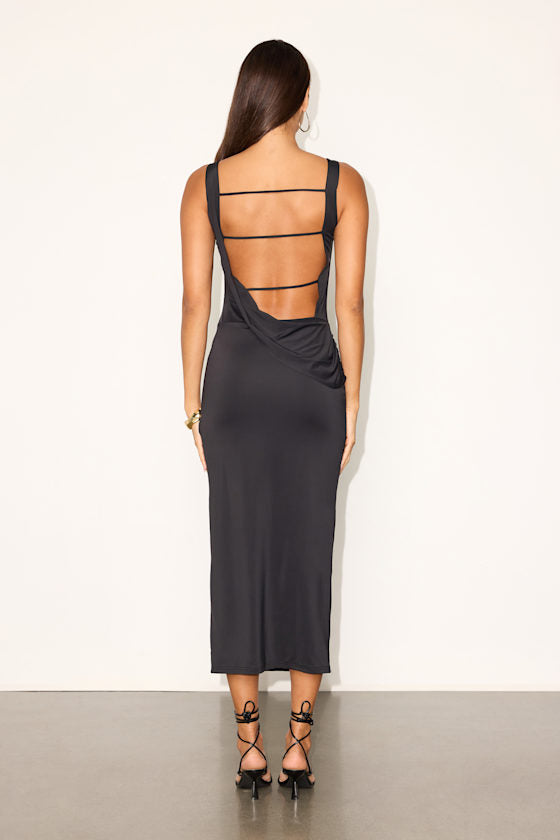 Karolina Black Jersey Knit Backless Midi Dress