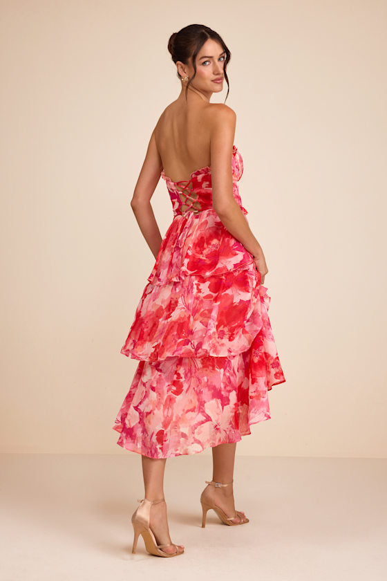 Vaya Red Multi Floral Tiered Midi Dress