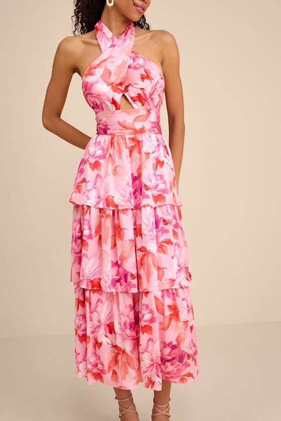Ashlyn Pink Floral Tiered Midi Dress