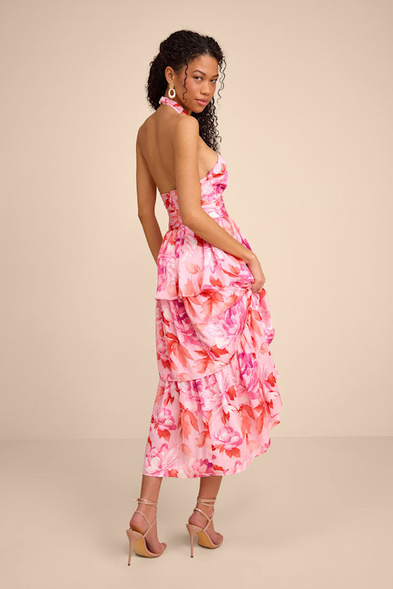 Ashlyn Pink Floral Tiered Midi Dress
