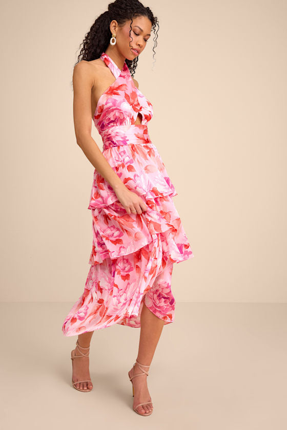 Ashlyn Pink Floral Tiered Midi Dress