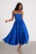Altana Blue Pleated Strapless Midi Dress