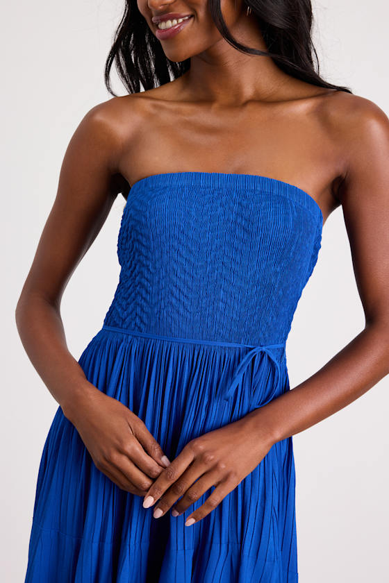 Altana Blue Pleated Strapless Midi Dress