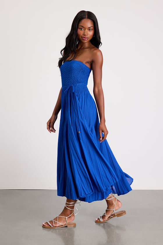 Altana Blue Pleated Strapless Midi Dress