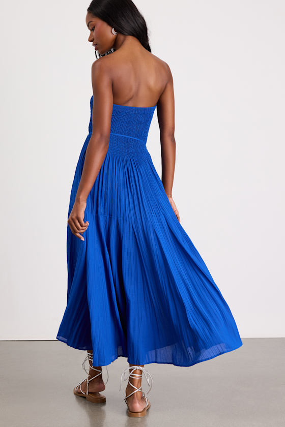 Altana Blue Pleated Strapless Midi Dress