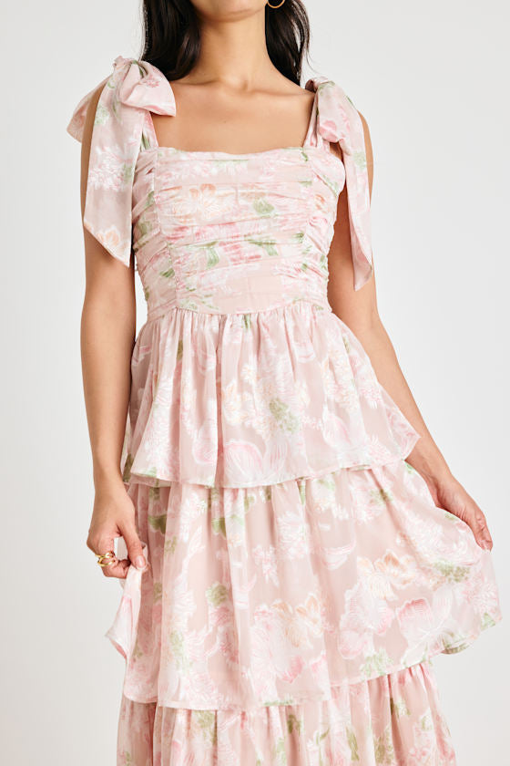 Baina Blush Floral Jacquard Tiered Midi Dress