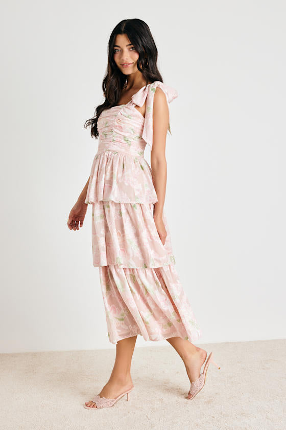 Baina Blush Floral Jacquard Tiered Midi Dress