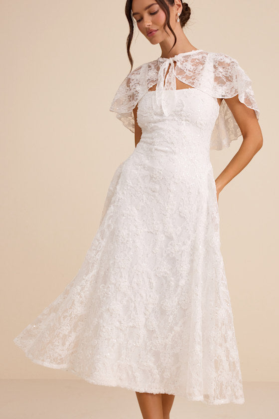 Nikola White Lace Sequin Cape Midi Dress