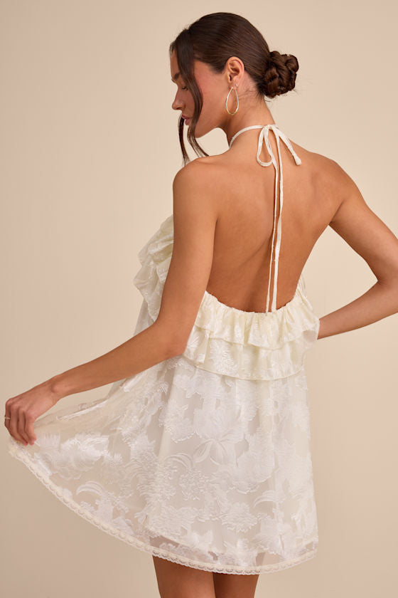 Erika Ivory Floral Burnout Halter Mini Dress