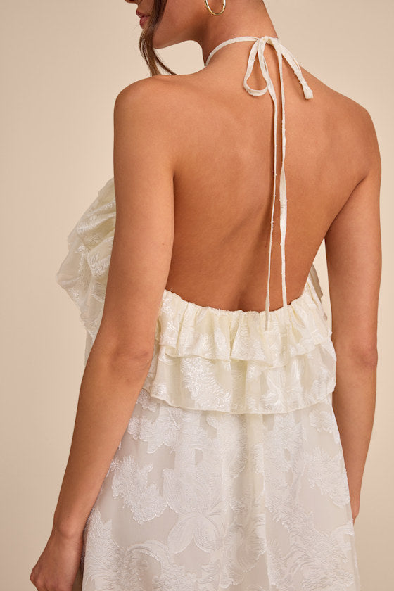 Erika Ivory Floral Burnout Halter Mini Dress