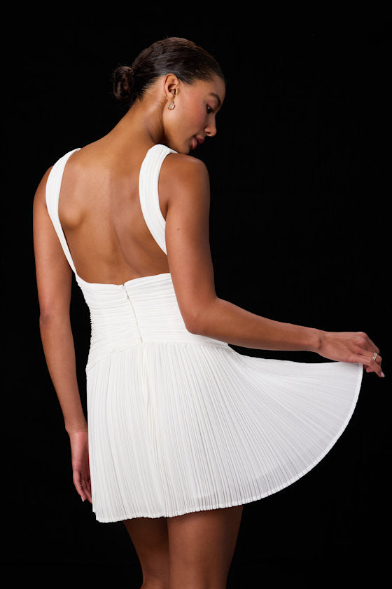 Rhea White Pleated Skater Mini Dress