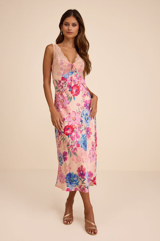 Jaylene Blush Multi Floral Lace Tie-Front Midi Dress