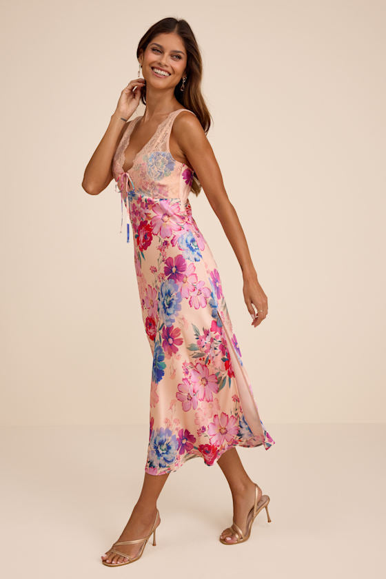 Jaylene Blush Multi Floral Lace Tie-Front Midi Dress