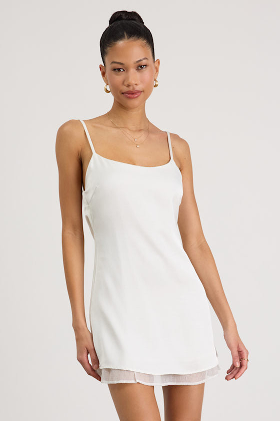 Dandria White Satin Cowl Back Mini Dress