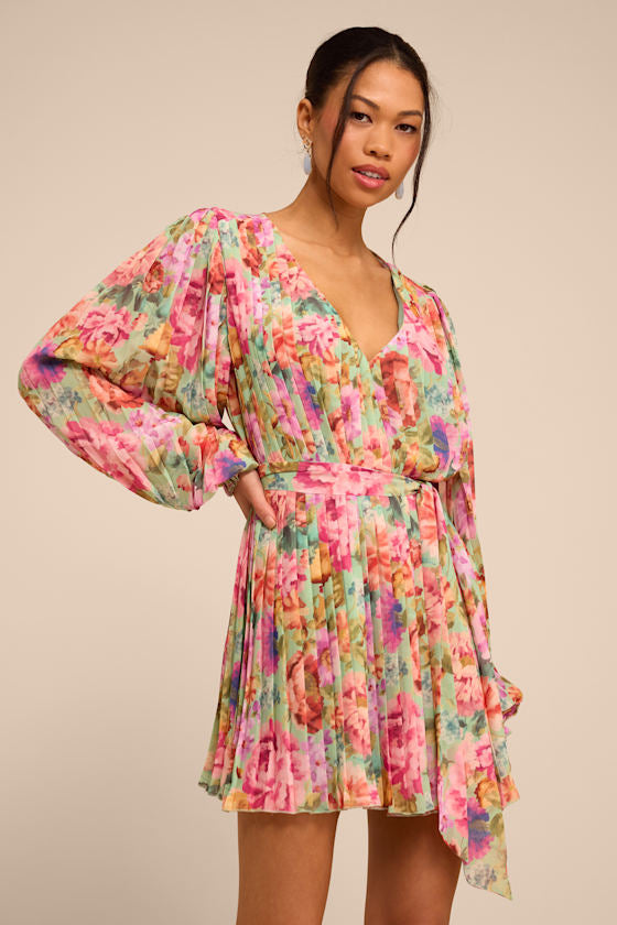 Dalila Sage Multi Floral Pleated Shift Mini Dress