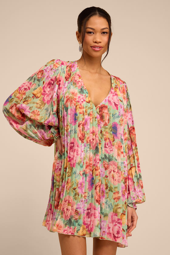Dalila Sage Multi Floral Pleated Shift Mini Dress