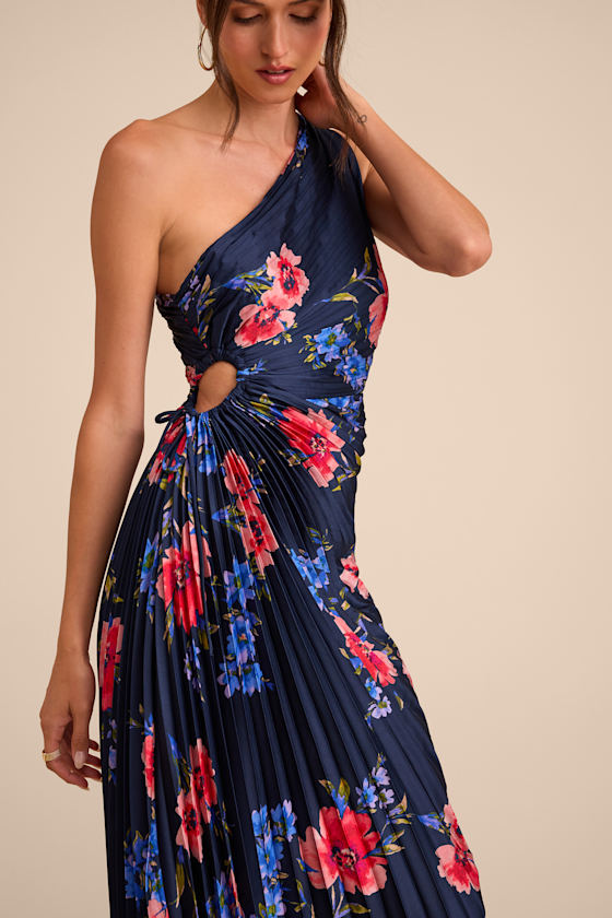 Mariella Navy Multi Floral Satin Pleated Midi Dress