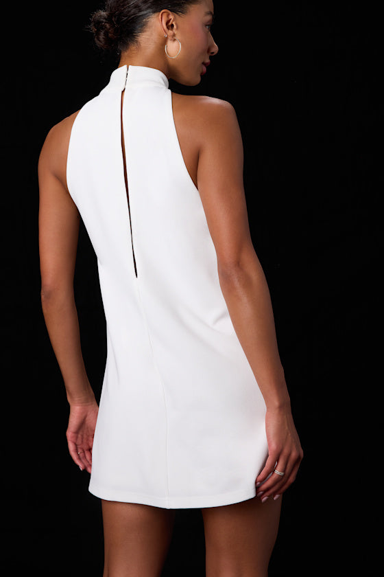 Bex White Mock Neck Shift Mini Dress