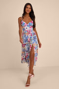 Alani Light Blue Multi Floral Lace-Up Midi Dress