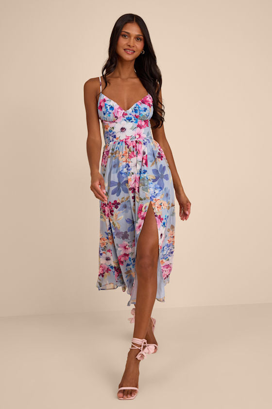 Alani Light Blue Multi Floral Lace-Up Midi Dress