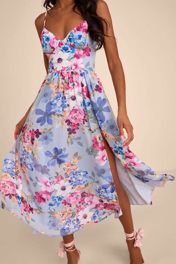 Alani Light Blue Multi Floral Lace-Up Midi Dress