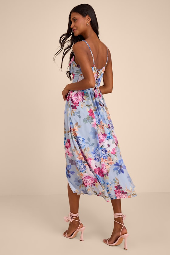 Alani Light Blue Multi Floral Lace-Up Midi Dress