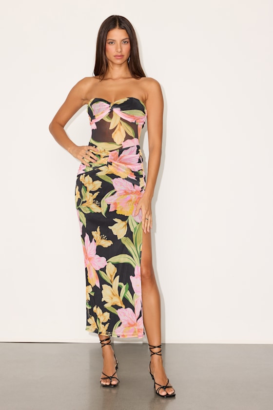 Bev Black Multi Floral Mesh Strapless Midi Dress